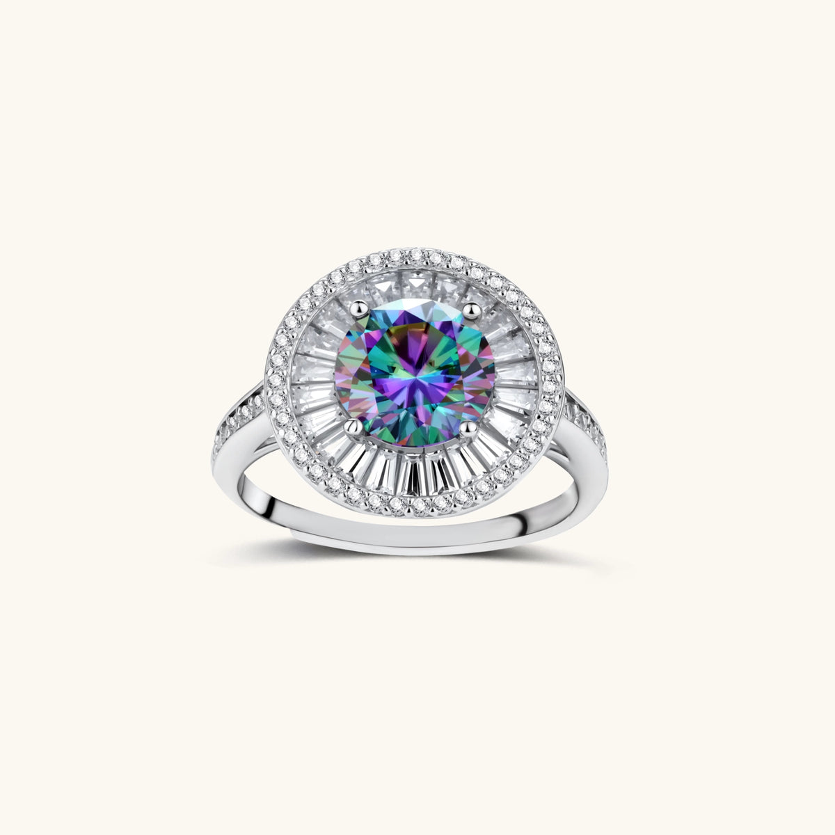 Close-up of sterling silver halo ring with round rainbow moissanite center stone surrounded by baguette-cut stones